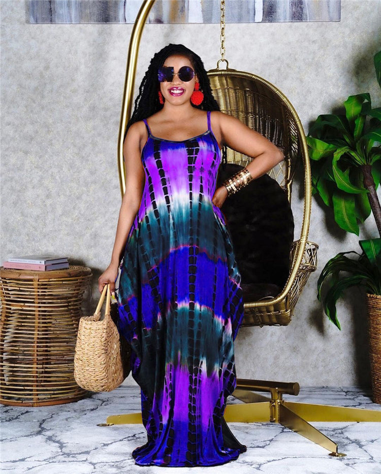 Women Tie Dye Printing Sleeveless Maxi Sundress