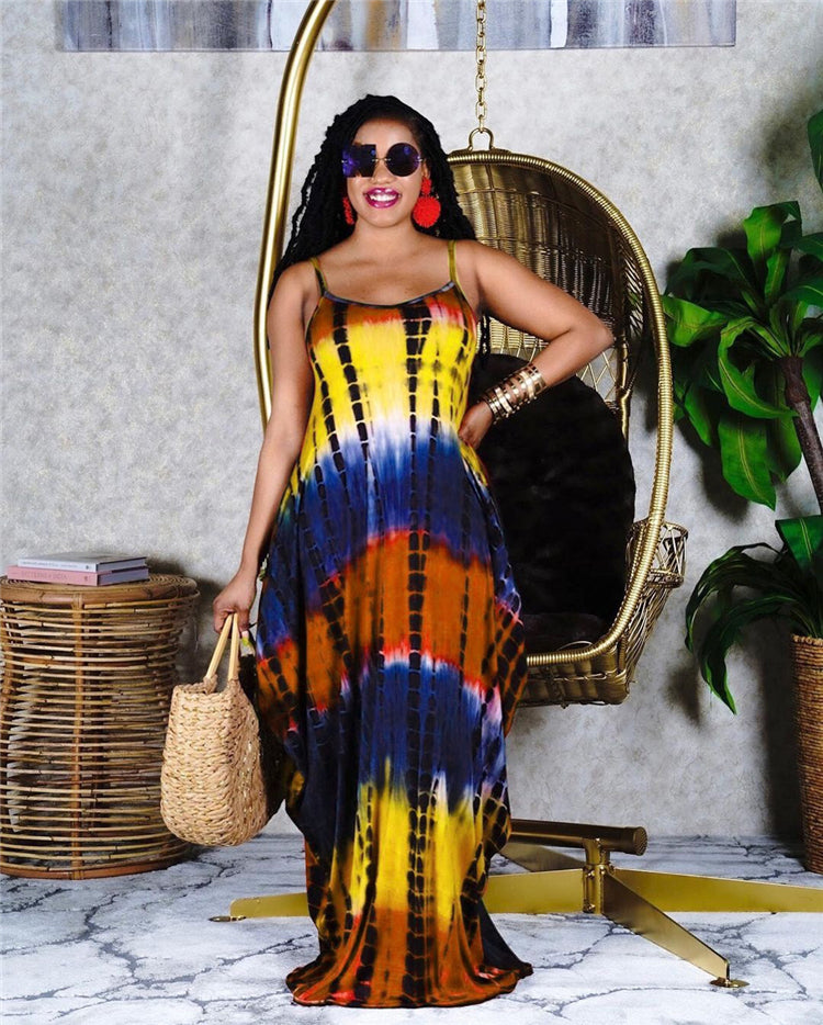 Women Tie Dye Printing Sleeveless Maxi Sundress