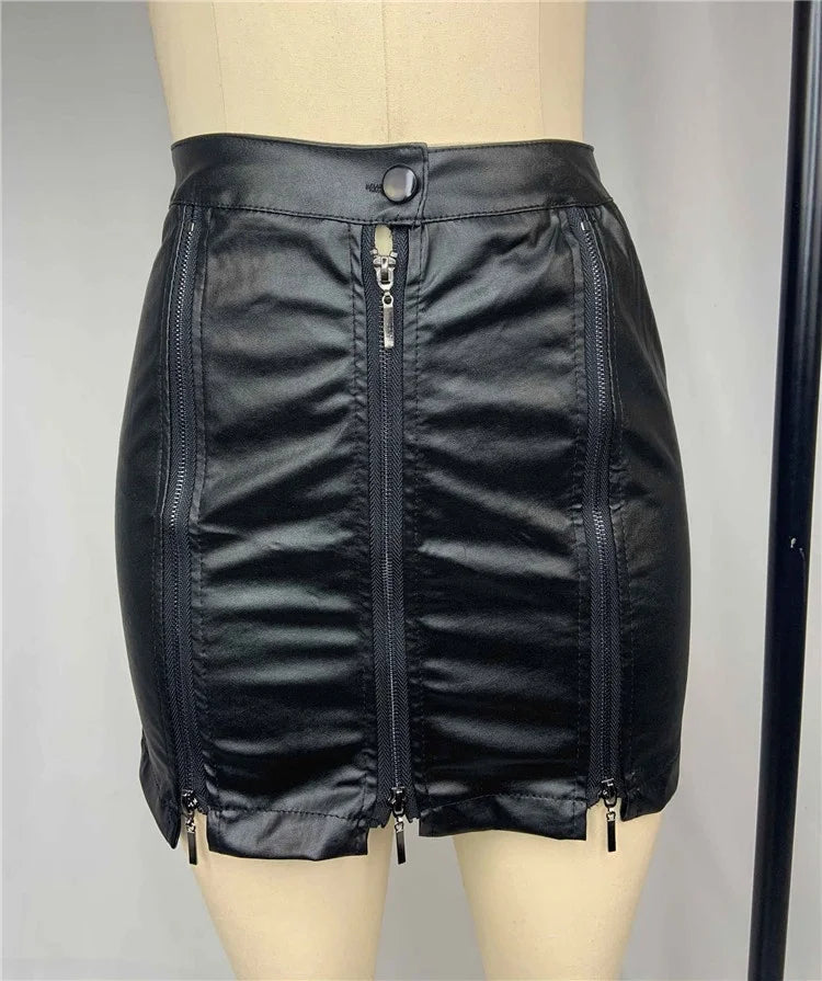 Women Pu Leather a Line Skirt Three Full Zip Pocketed