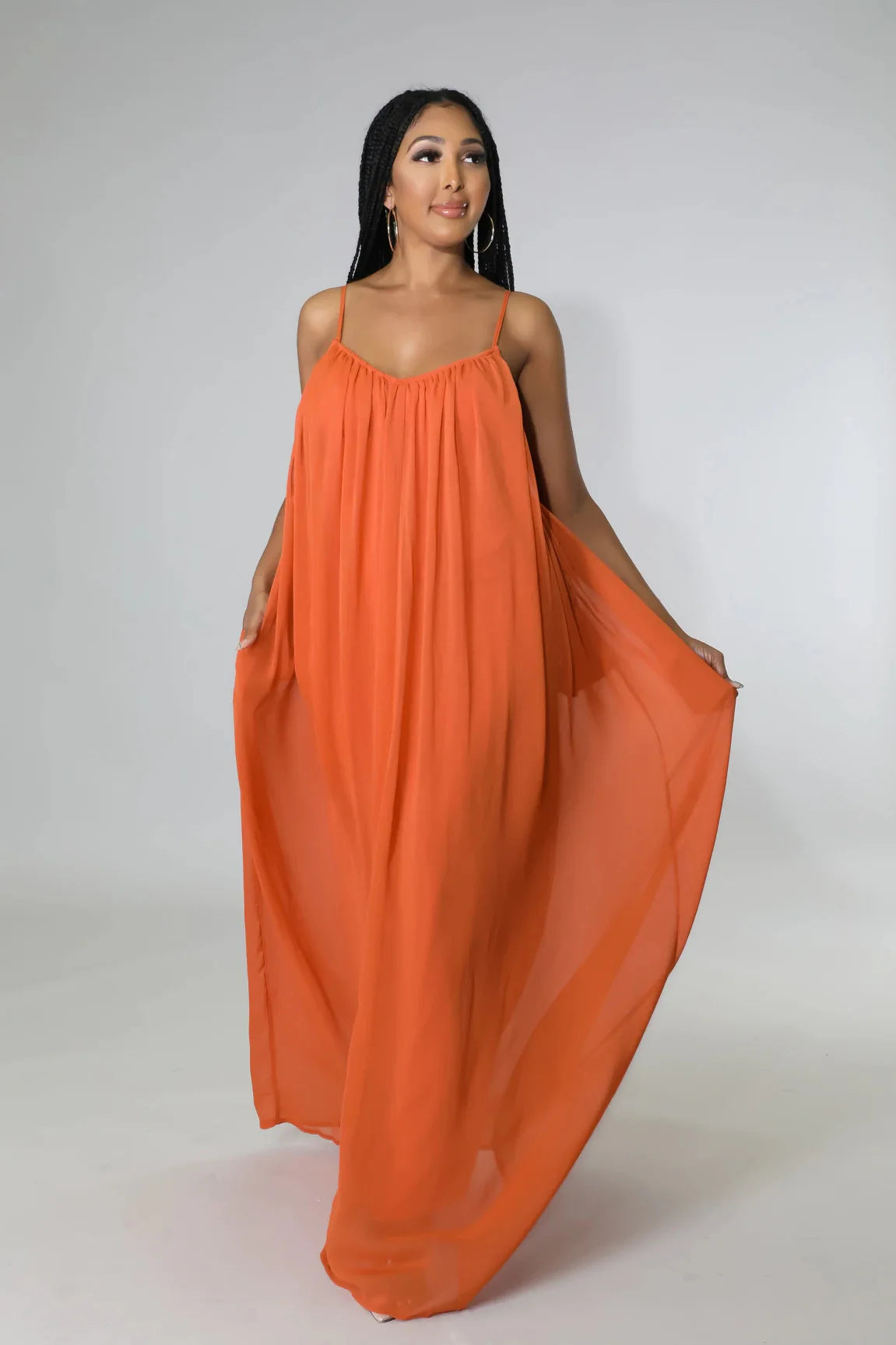 Women Casual Solid Color Backless Spaghetti Strap Long Chifon Dress