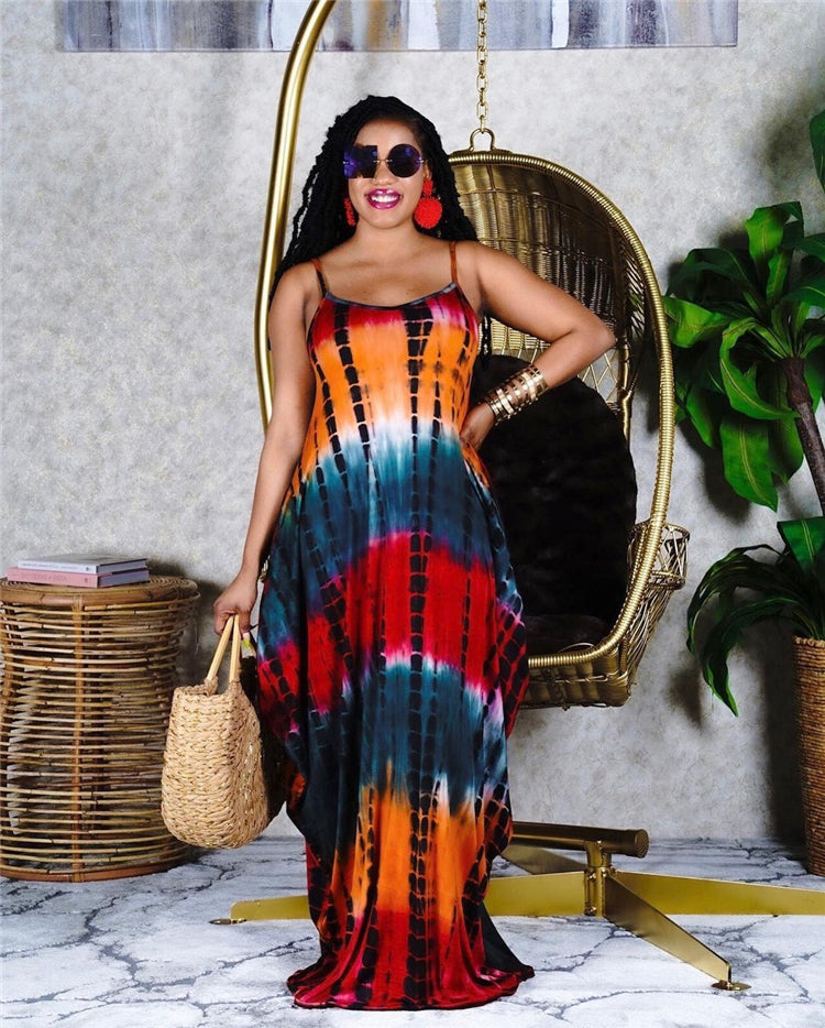 Women Tie Dye Printing Sleeveless Maxi Sundress