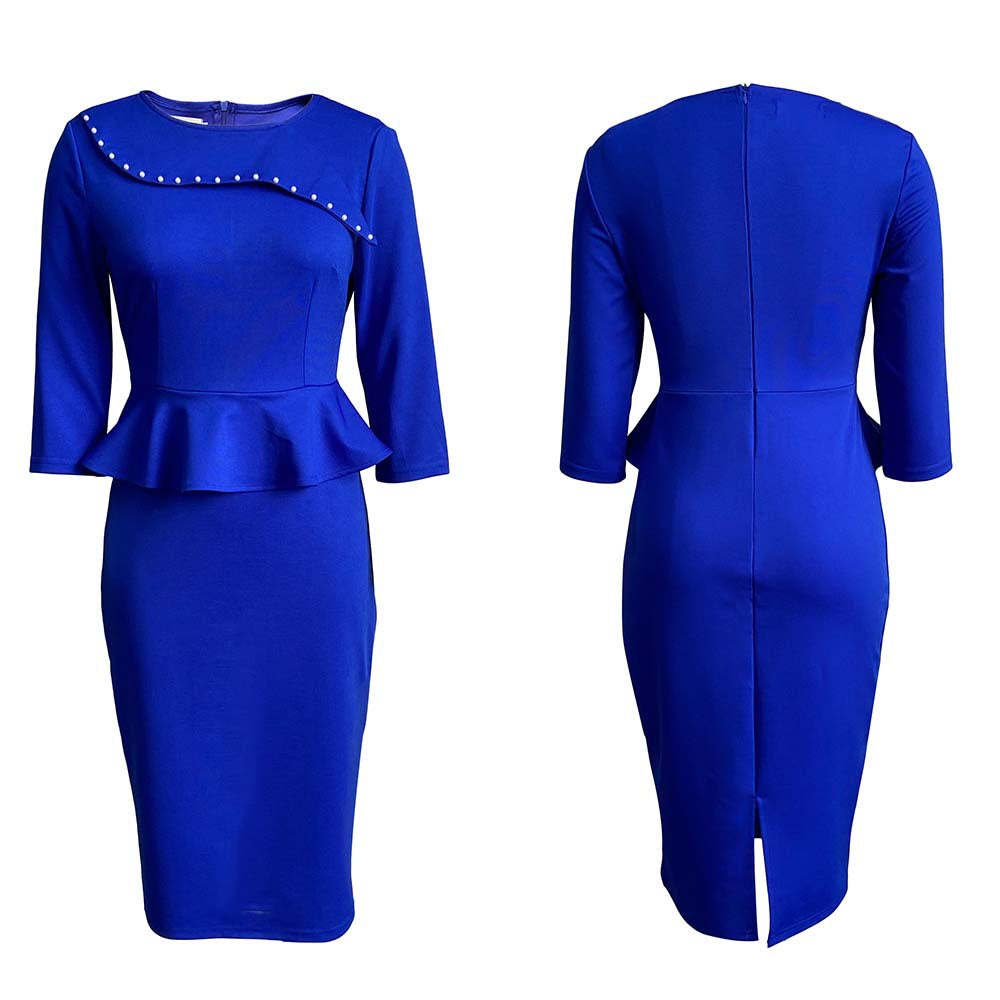 Nail Beading Pencil Solid Color Slim Career Dress for Women
