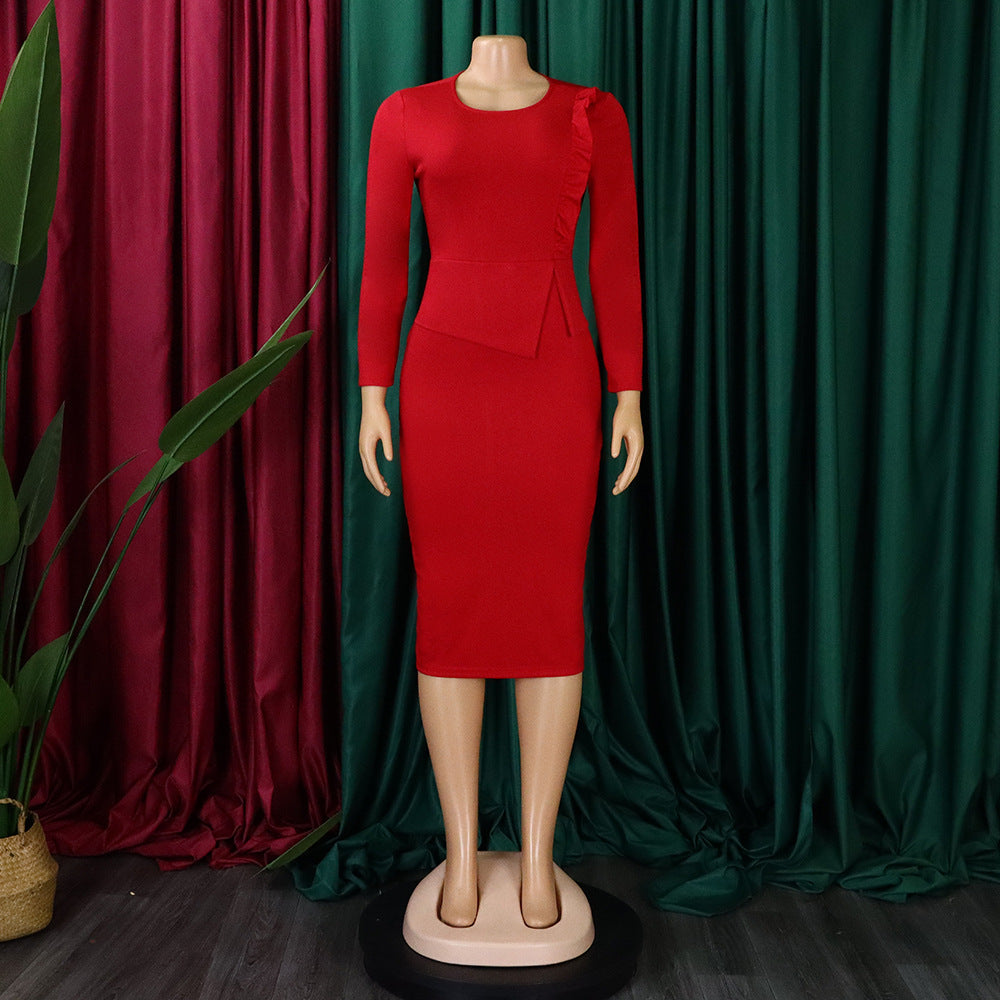 Women Slim Long Sleeve Ruched Office Dress