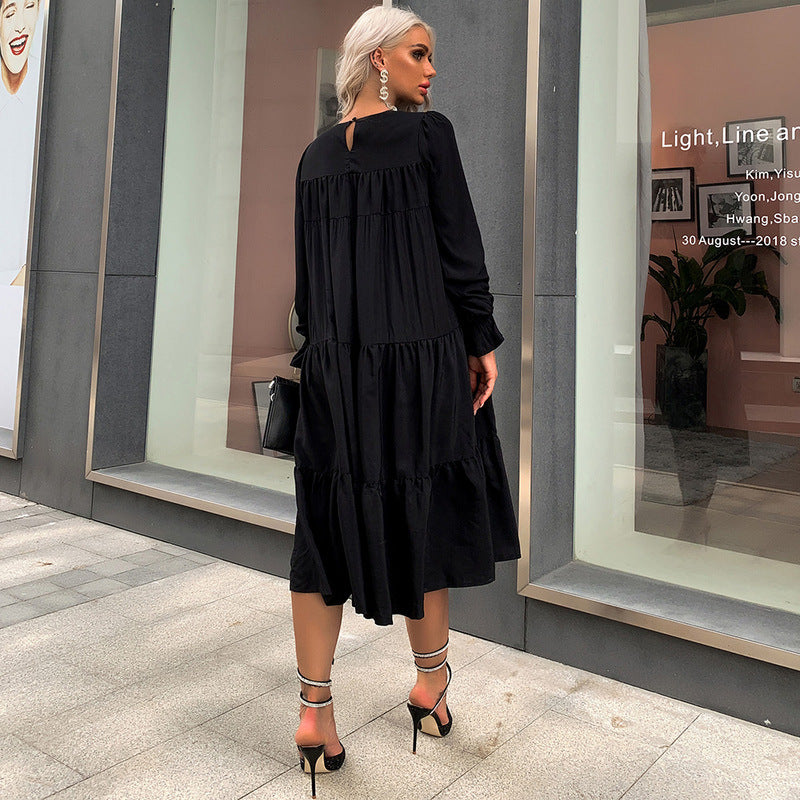 Women Casual Black Long Sleeve Round Neck Dress