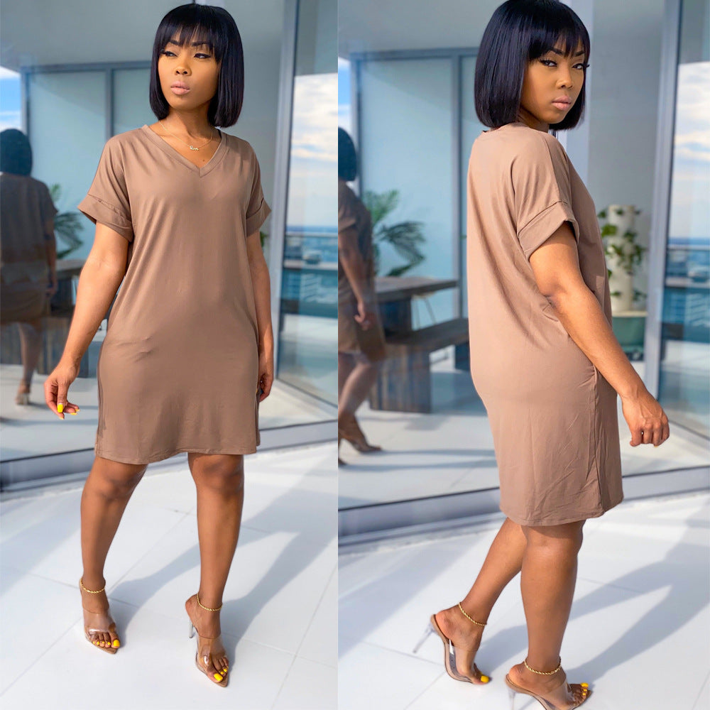 Women Summer v Neck Solid Short Sleeve Knee-Length Dress