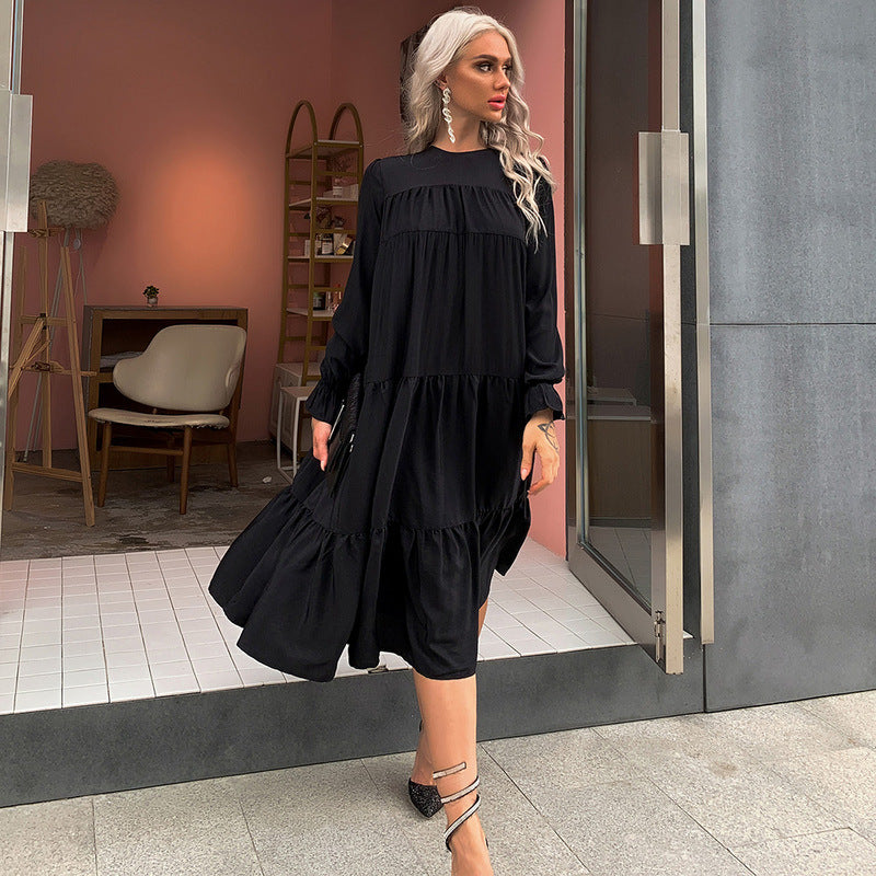 Women Casual Black Long Sleeve Round Neck Dress