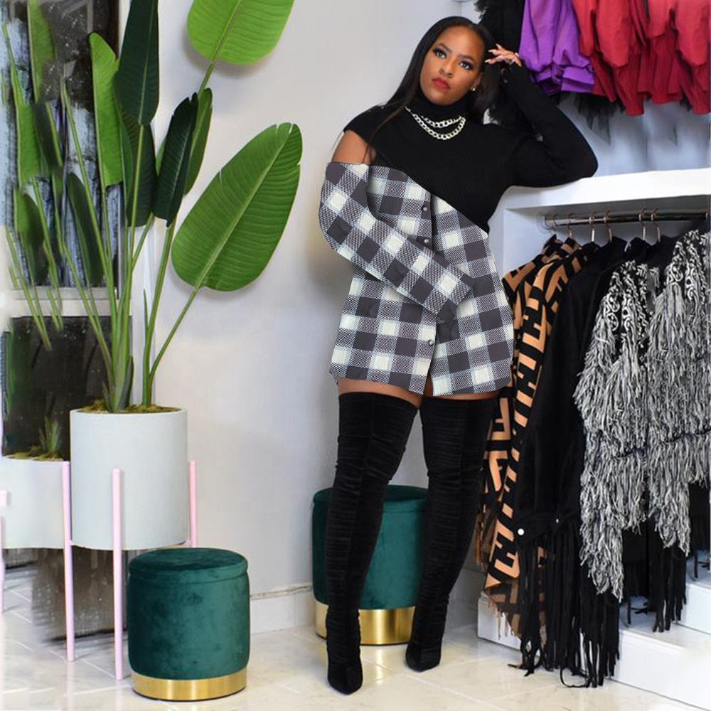 Plaid Turtleneck With Hole Zip Plus Size Women's T-Shirts