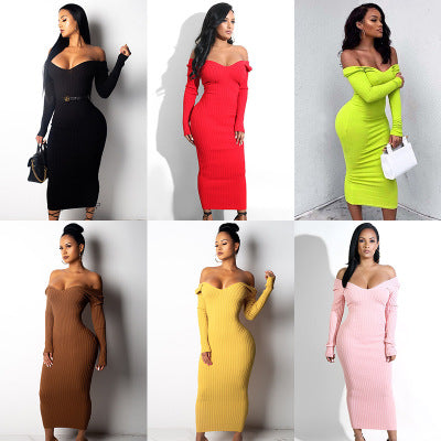 Women Long Sleeve Off Shoulder Knitted Sweater Dress