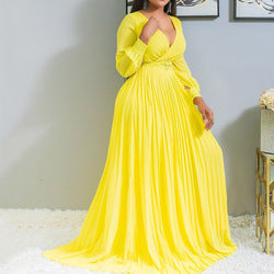 Fashionable Deep v Neck Floor-Length Fall Dress for Women in Plus Sizes
