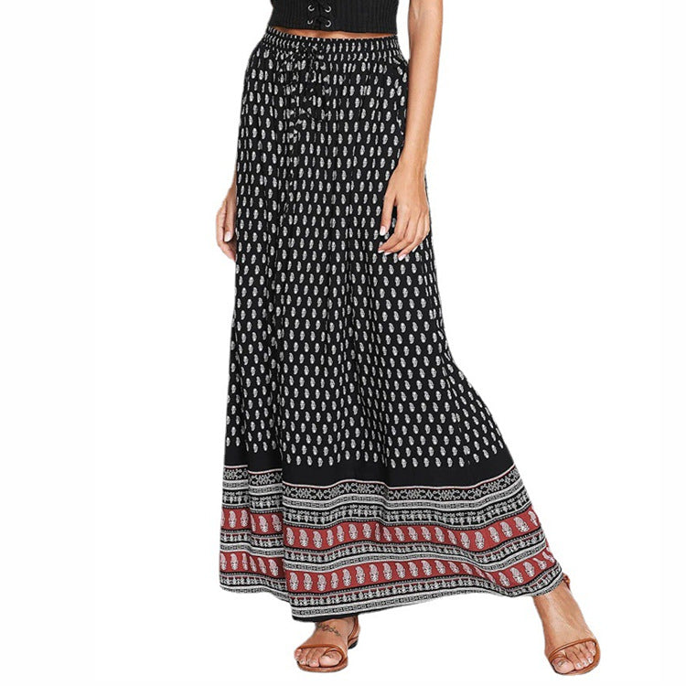 Women Leopard Print Pleated Skirts Vintage Drawstring Elastic Waist