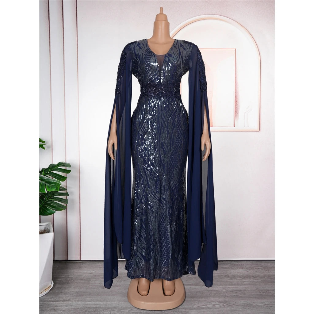 Women's Elegant V-Neck Cape Sleeve Sequin Dress in Plus Sizes