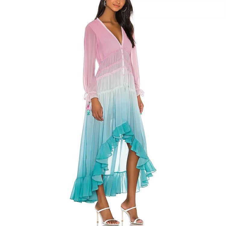 Gradient Color Spring Deep v Neck Women Dress