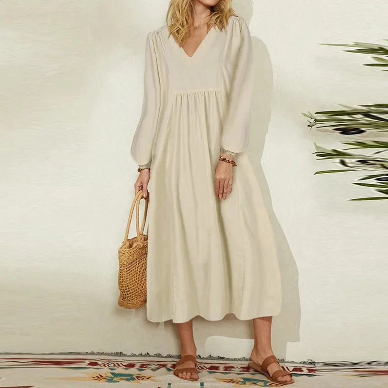 Women Casual Cotton and Linen Loose Lantern Sleeve Dress