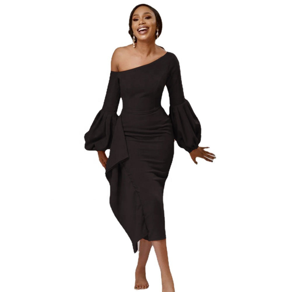 High Waist Ruffles Evening Dress Lantern Sleeve for Women in Plus Sizes