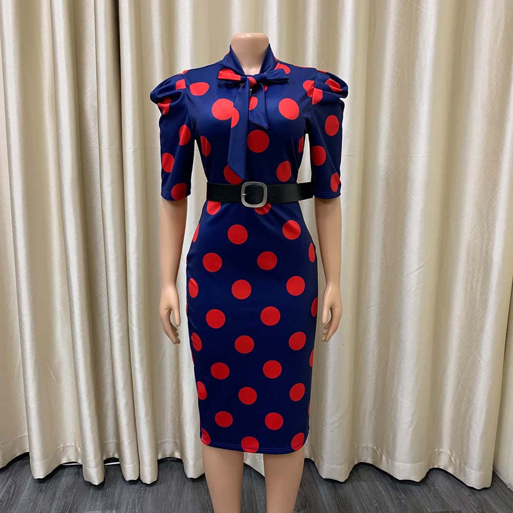 Women Bow Tie Polka Dot Puff Sleeve Office Dress in Plus Sizes