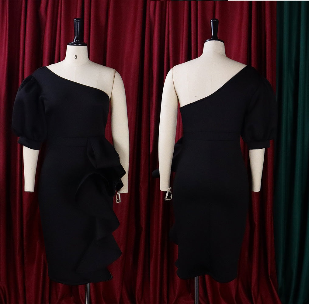 Women Elegant Ruffle Cocktail One Shoulder Puff Sleeve Dress