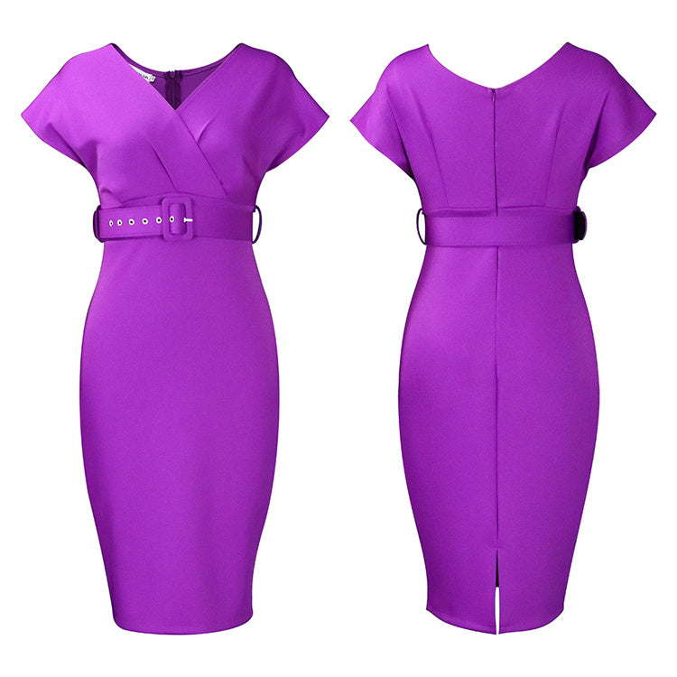 Elegant v Neck Belt Office Bodycon Cocktail Dress for Women