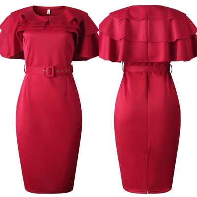 Women Wine Red Short Sleeve Ruffle Robe Vintage Split Bodycon Midi Dresses
