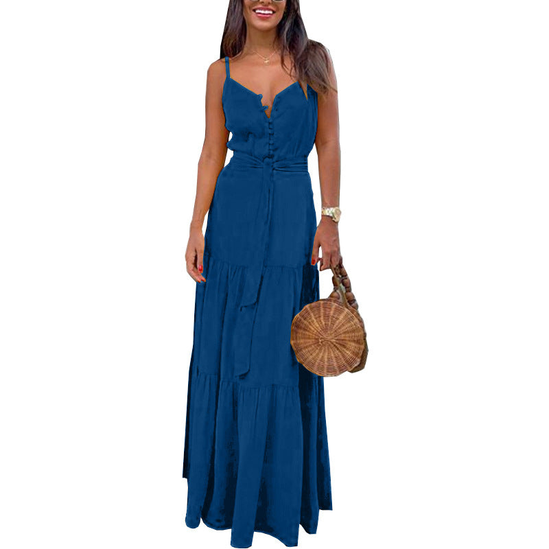 Summer Sleeveless Strapless Halter Button Up Solid Color Sundress