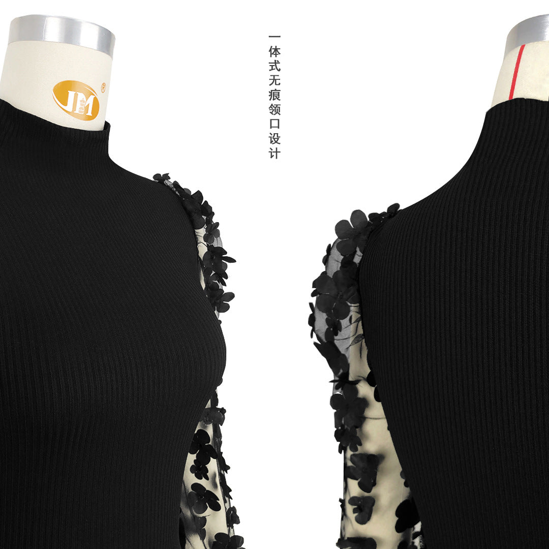 Women Mesh Sleeve Bodycon Knitted Dress