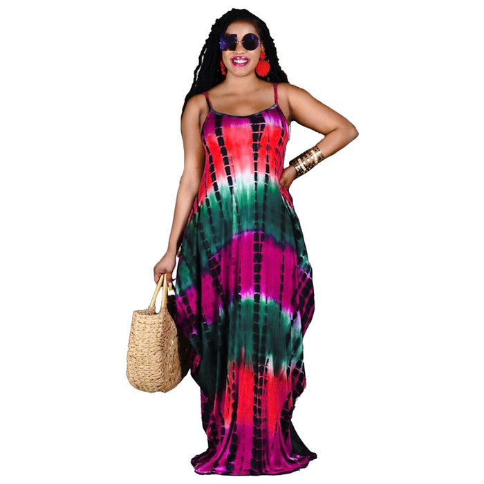 Women Tie Dye Printing Sleeveless Maxi Sundress