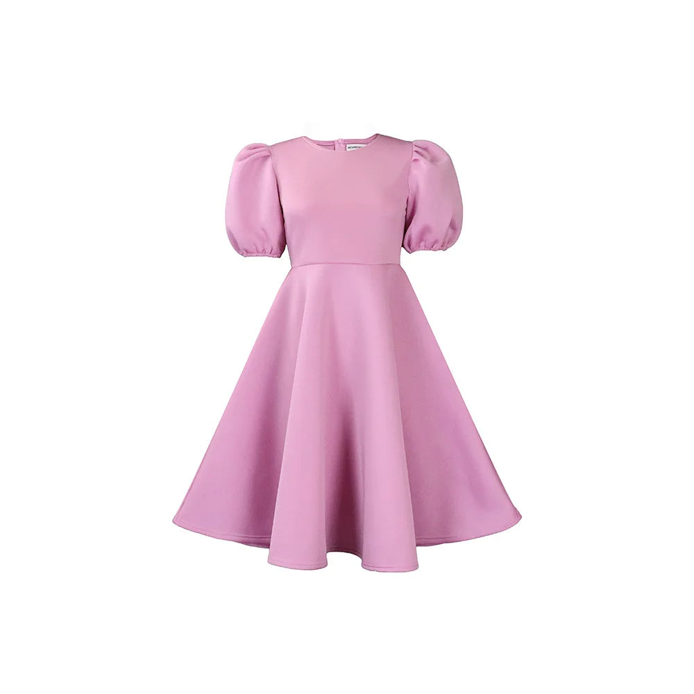Trendy O-Neck Puff Sleeve High Waist Big Swing A-Line Women Dress in Plus Sizes