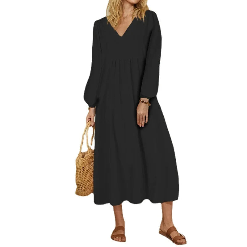 Women Casual Cotton and Linen Loose Lantern Sleeve Dress