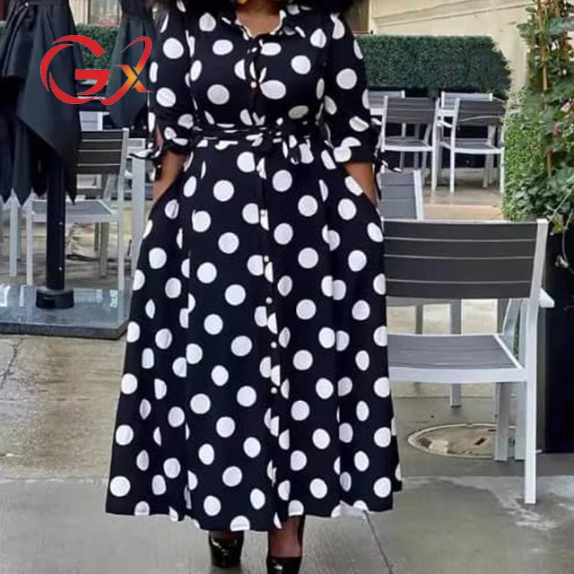 Women Vendor Long Sleeve Sexy Polka Dot Printed Plus Size Maxi Dress
