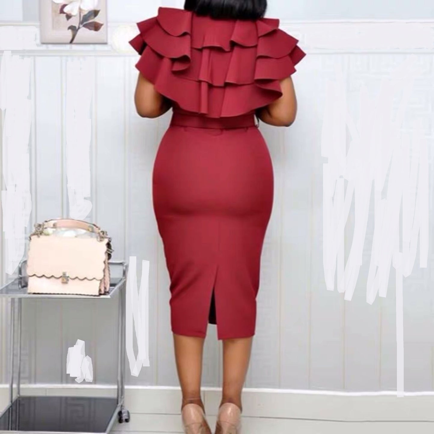 Women Wine Red Short Sleeve Ruffle Robe Vintage Split Bodycon Midi Dresses