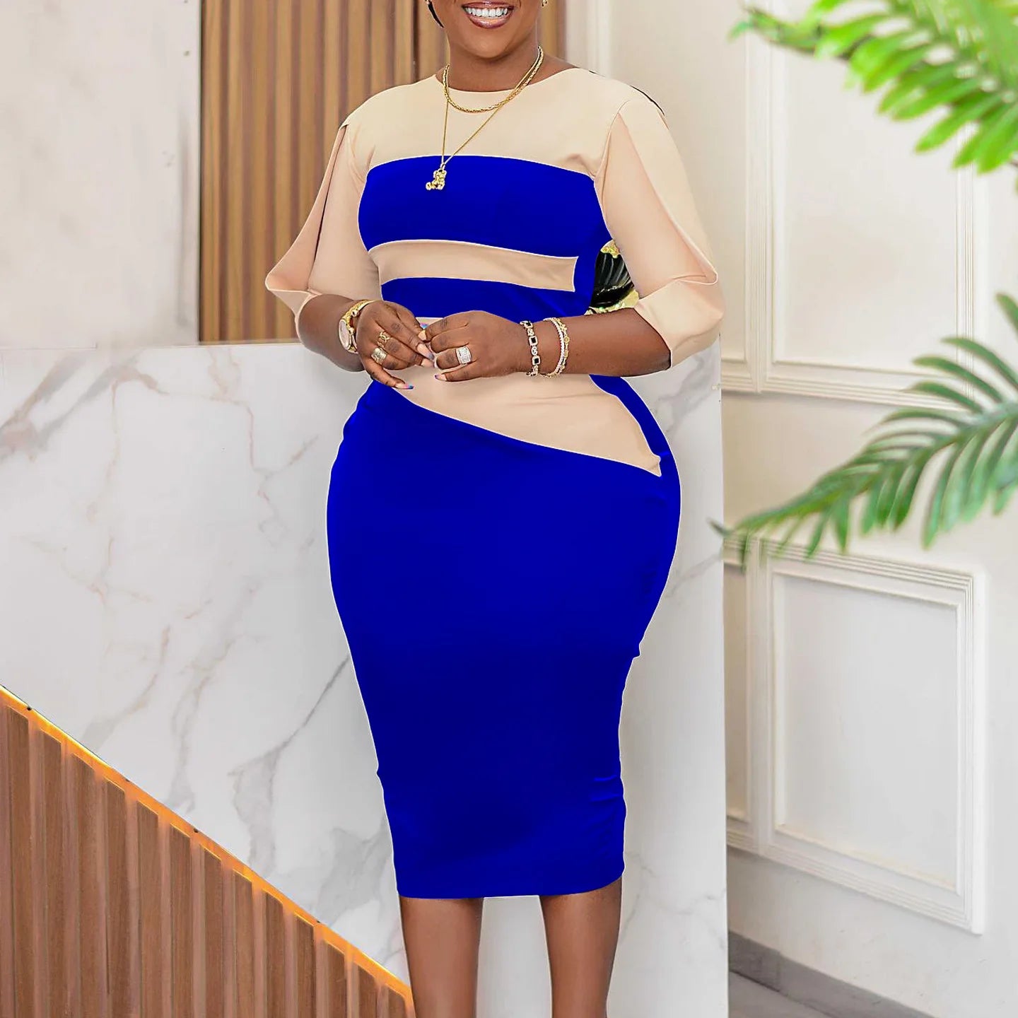 Women Contrast Color Hip Office Pencil Dress