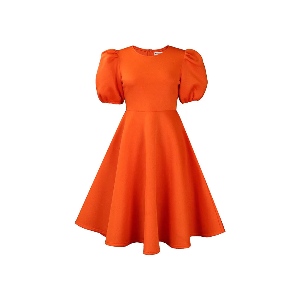 Trendy O-Neck Puff Sleeve High Waist Big Swing A-Line Women Dress in Plus Sizes