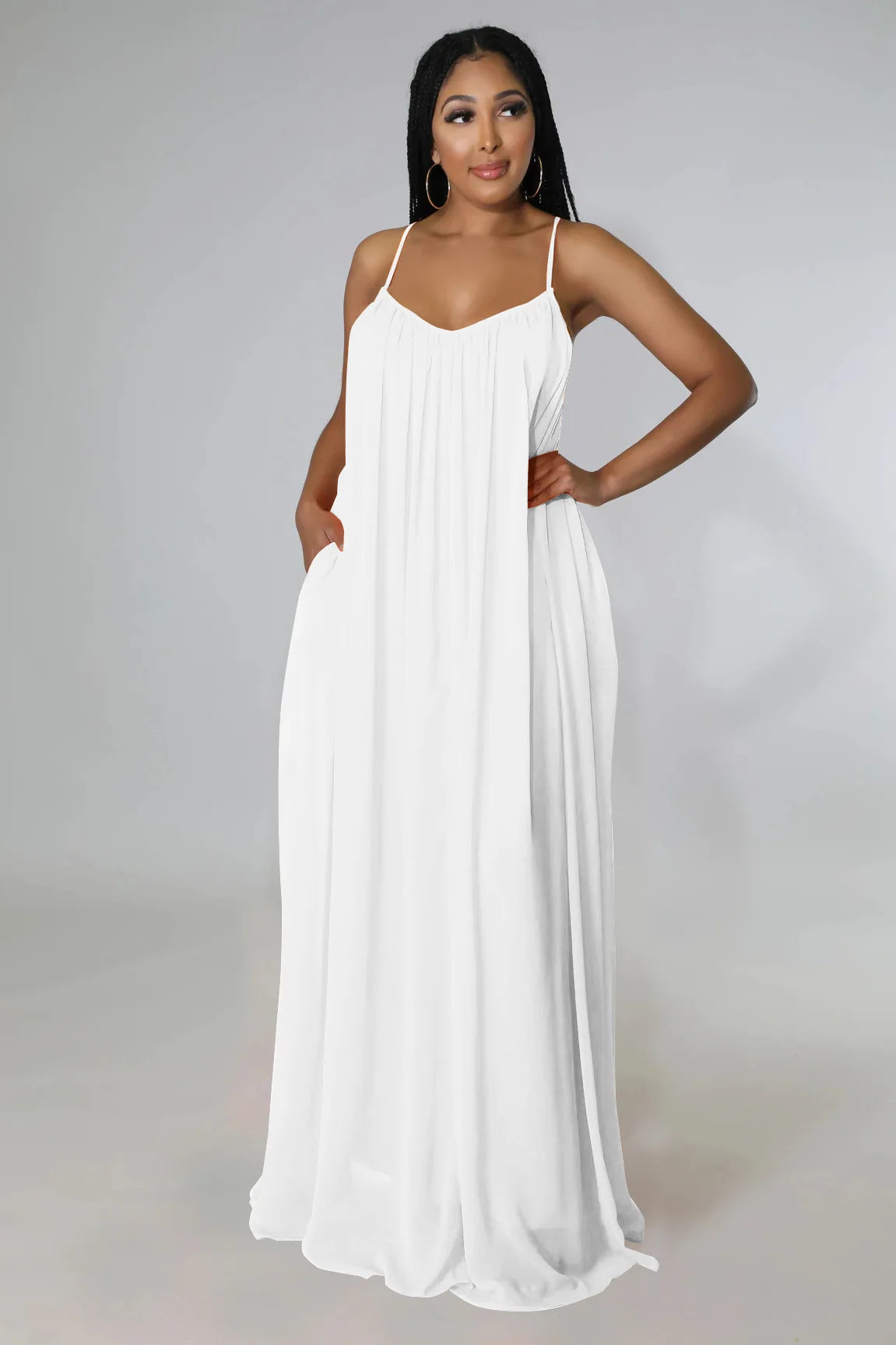 Women Casual Solid Color Backless Spaghetti Strap Long Chifon Dress