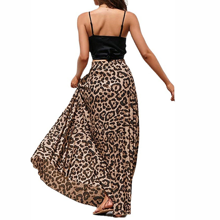 Women Leopard Print Pleated Skirts Vintage Drawstring Elastic Waist