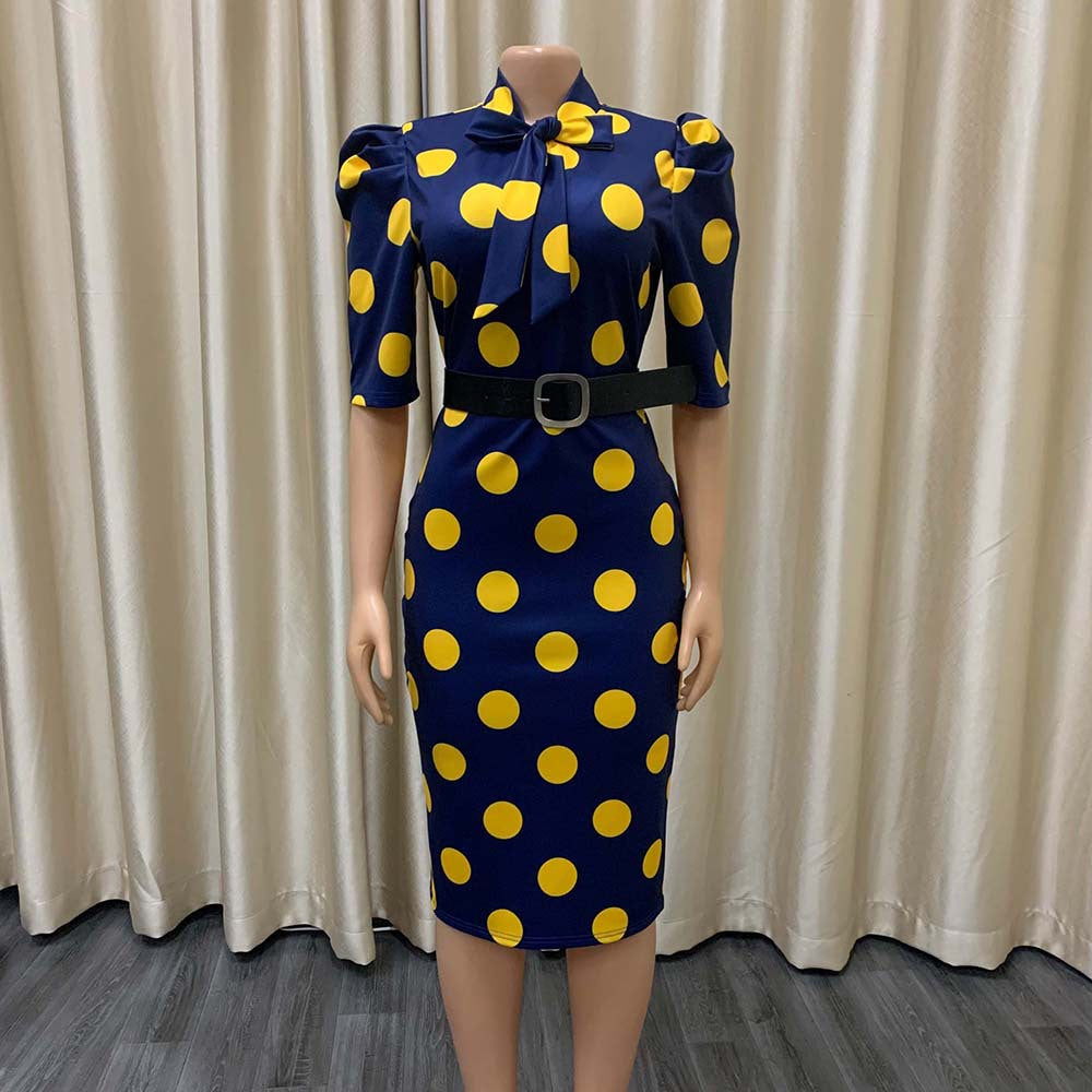 Women Bow Tie Polka Dot Puff Sleeve Office Dress in Plus Sizes