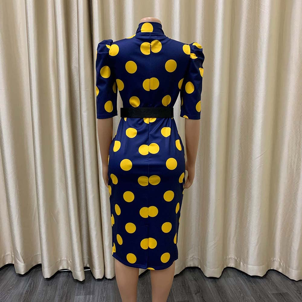 Women Bow Tie Polka Dot Puff Sleeve Office Dress in Plus Sizes