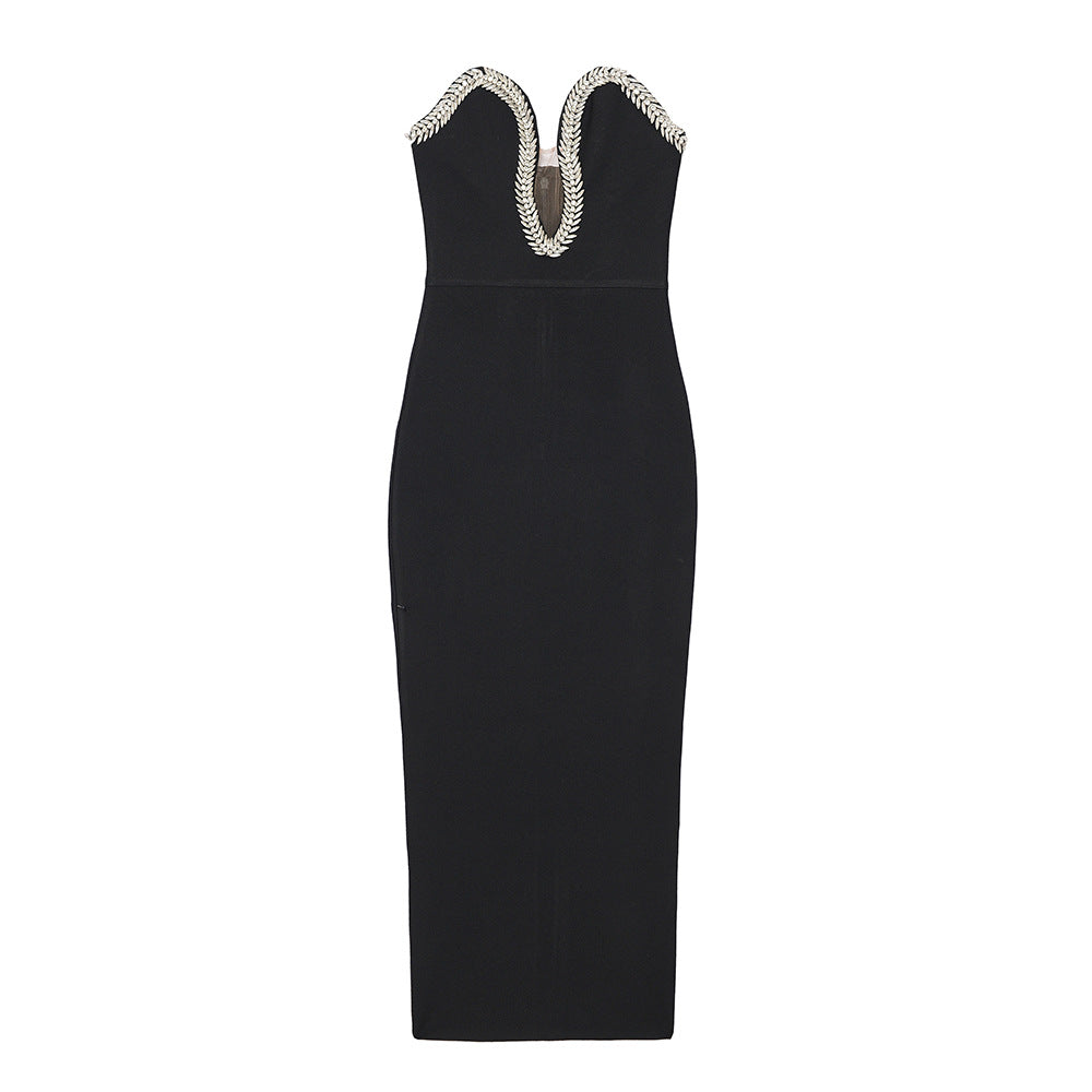 Vestido Elegant Black Strapless Crystal Long Evening Gown Women Plus Size