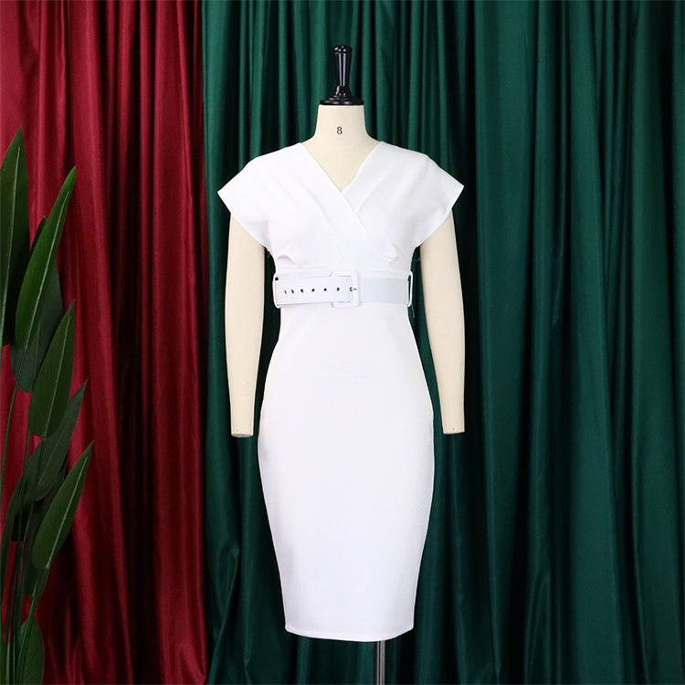 Elegant v Neck Belt Office Bodycon Cocktail Dress for Women