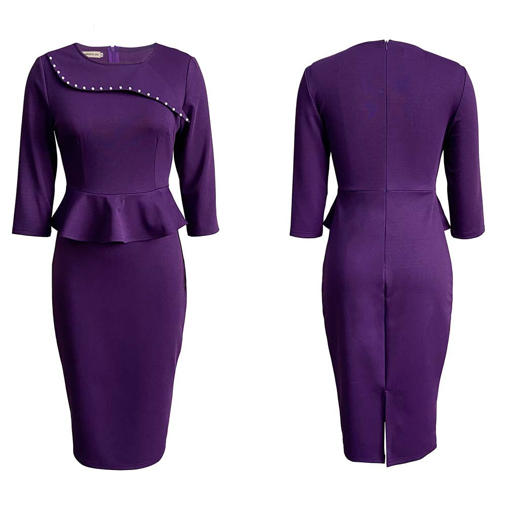 Nail Beading Pencil Solid Color Slim Career Dress for Women