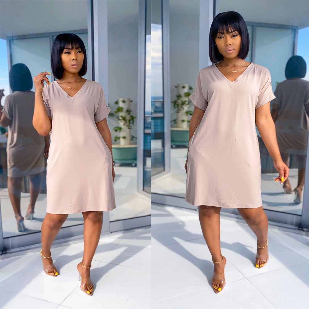 Women Summer v Neck Solid Short Sleeve Knee-Length Dress