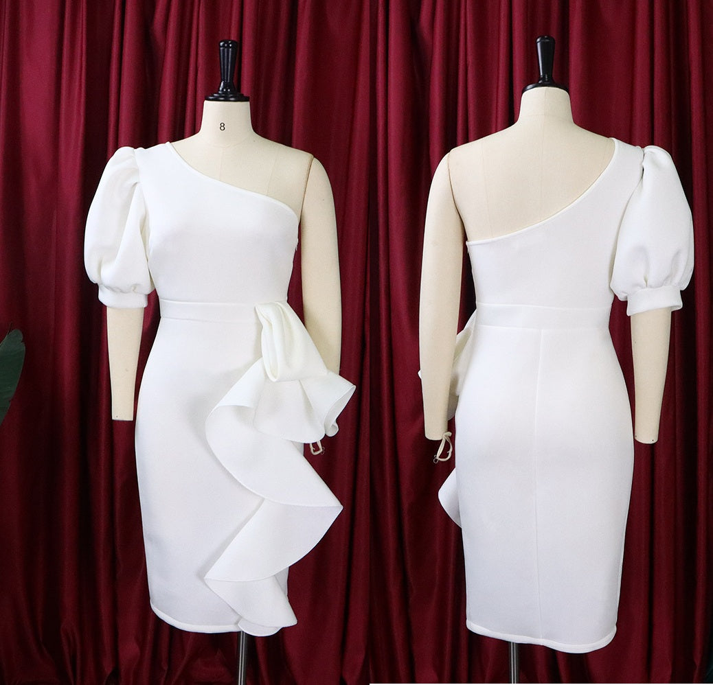 Women Elegant Ruffle Cocktail One Shoulder Puff Sleeve Dress