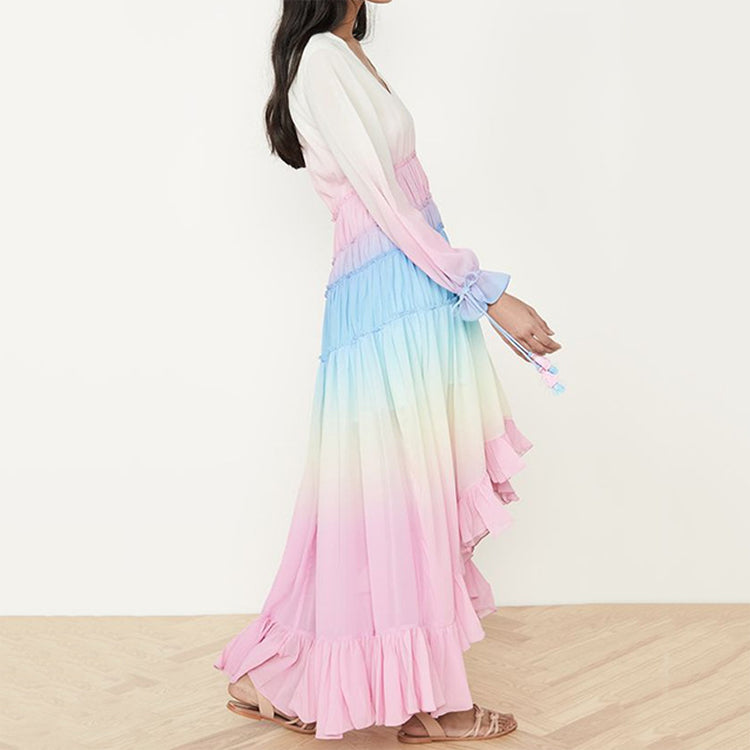 Gradient Color Spring Deep v Neck Women Dress