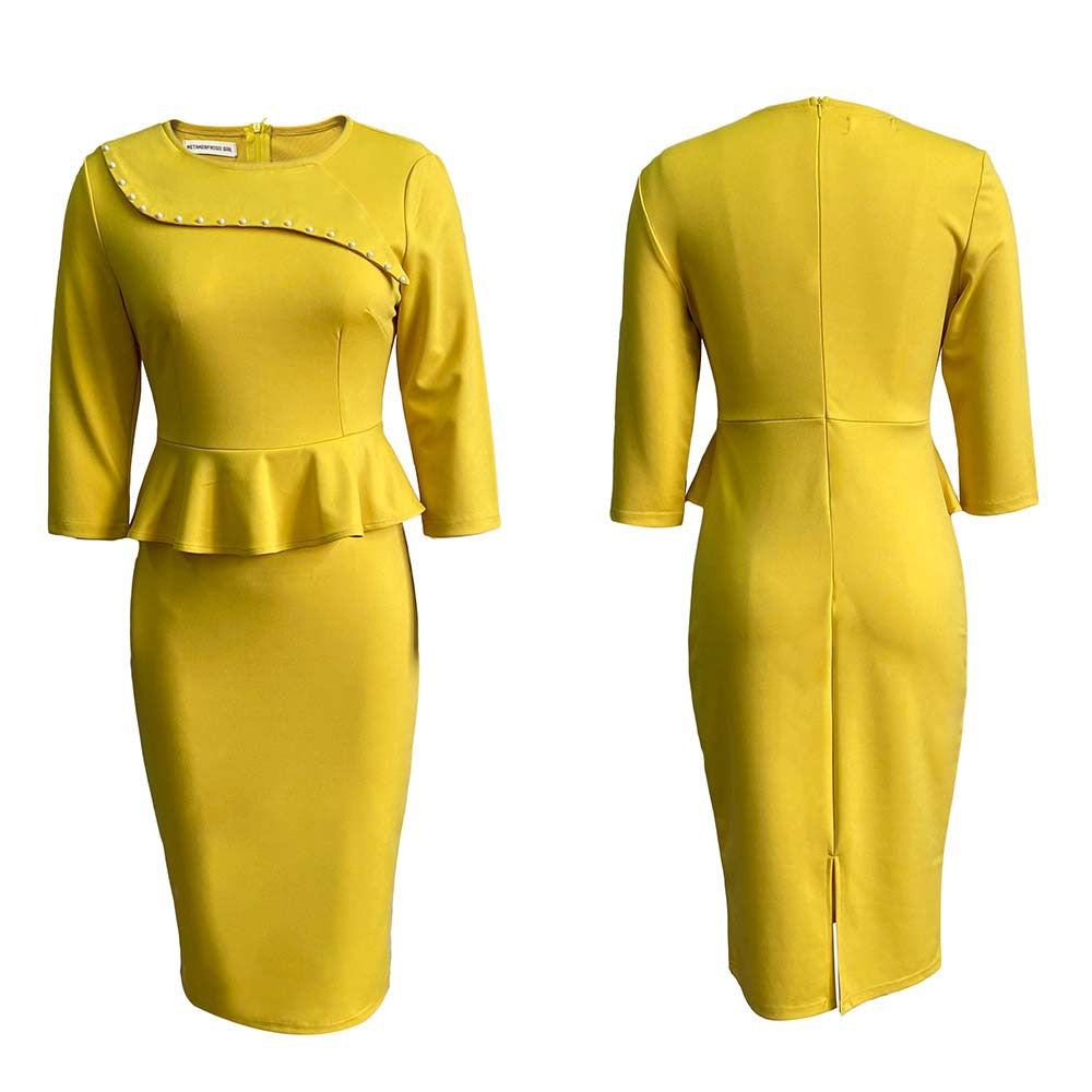 Nail Beading Pencil Solid Color Slim Career Dress for Women