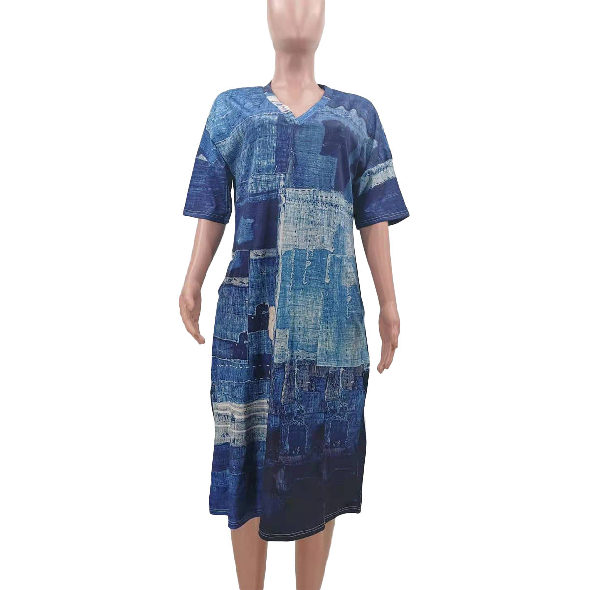 Short Sleeve v Neck Loose Print Women Mini Dress