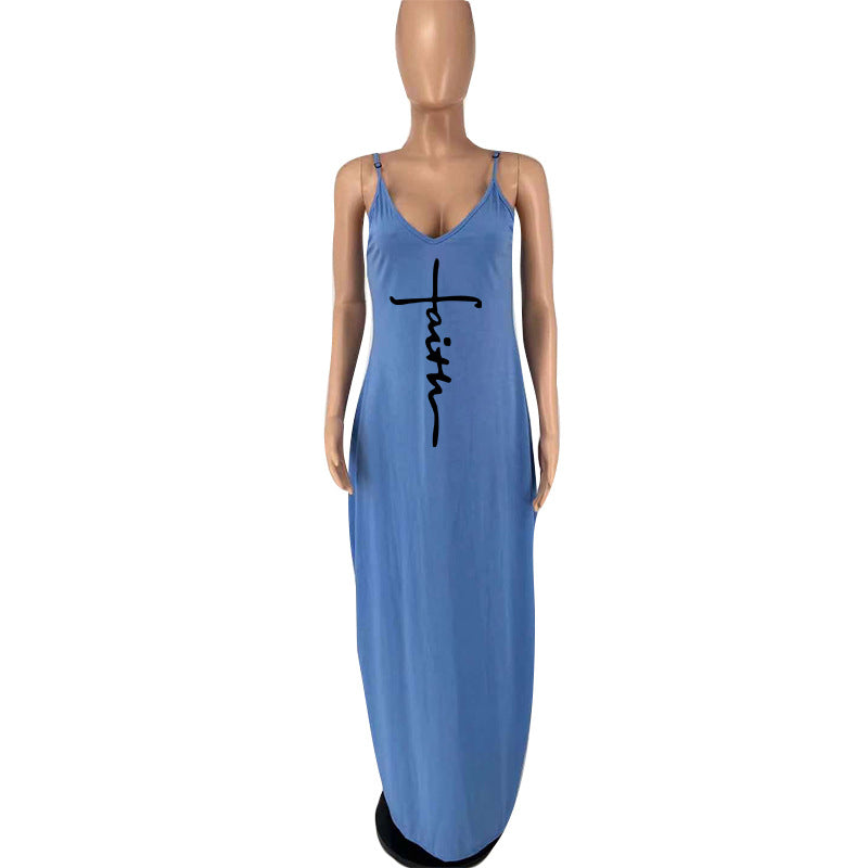 Summer Loose Faith Long Pocket Adjustable Spaghetti Strap Maxi Sundress