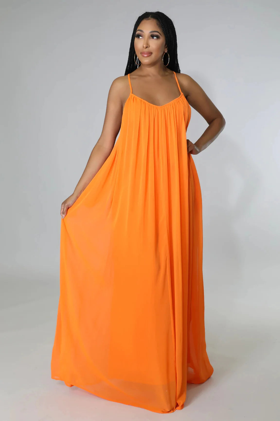Women Casual Solid Color Backless Spaghetti Strap Long Chifon Dress