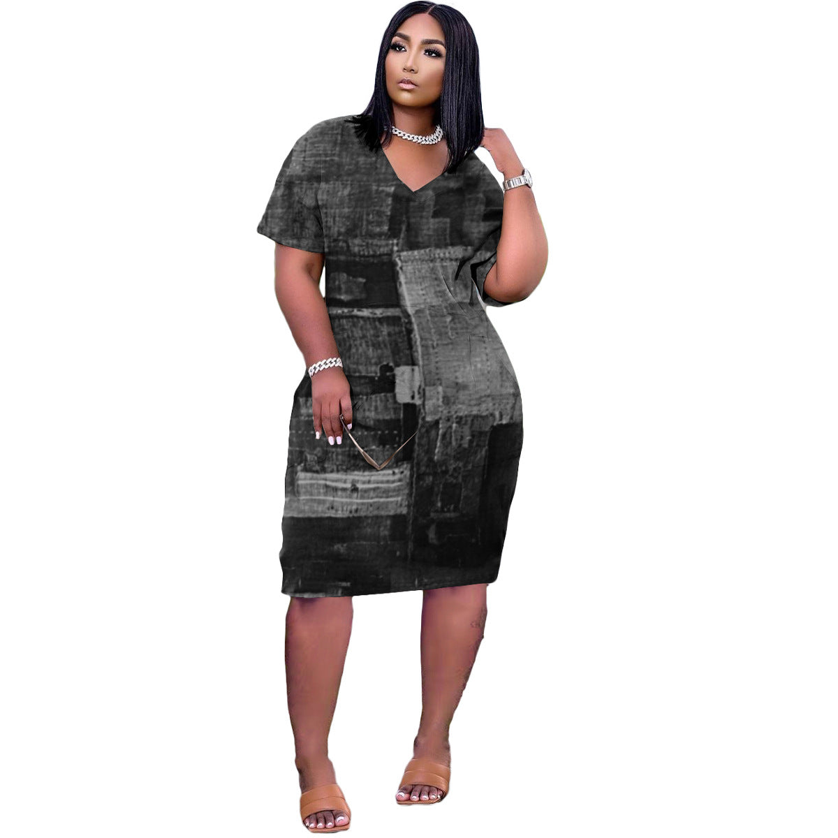 Short Sleeve v Neck Loose Print Women Mini Dress