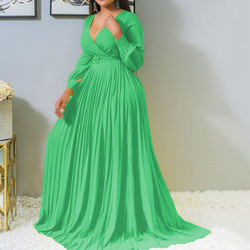 Fashionable Deep v Neck Floor-Length Fall Dress for Women in Plus Sizes