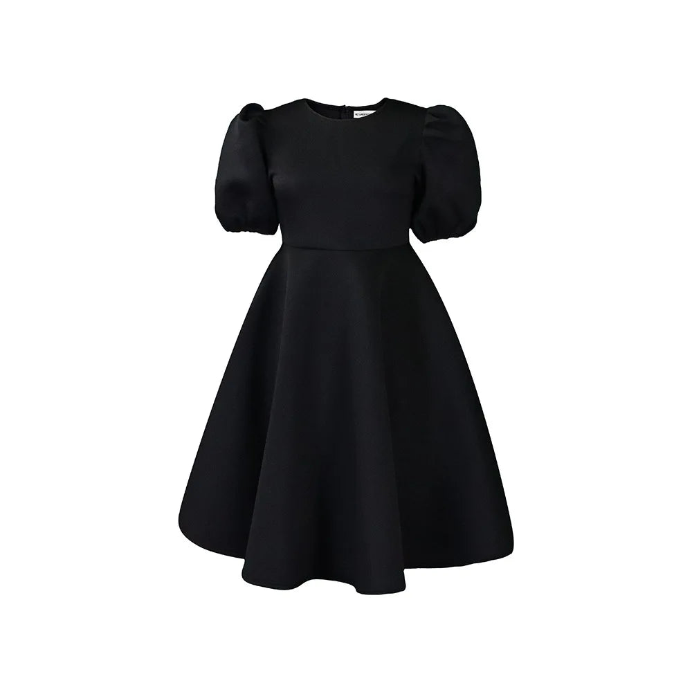 Trendy O-Neck Puff Sleeve High Waist Big Swing A-Line Women Dress in Plus Sizes