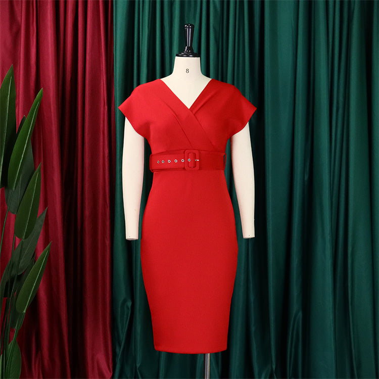 Elegant v Neck Belt Office Bodycon Cocktail Dress for Women