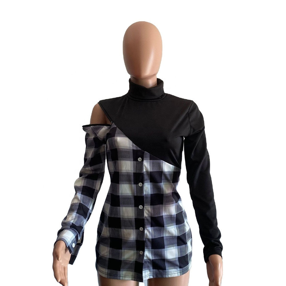 Plaid Turtleneck With Hole Zip Plus Size Women's T-Shirts